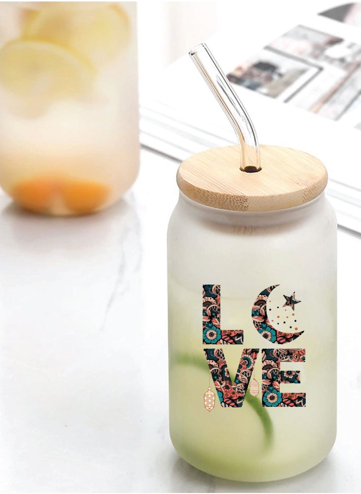 PRINTSHOP4ME Ramadan Kareem and Eid Mubarak Gift - Glass Bottle with Straw & Bamboo Lid 455 ml - Ramadan gift for all Islamic  - Image 2