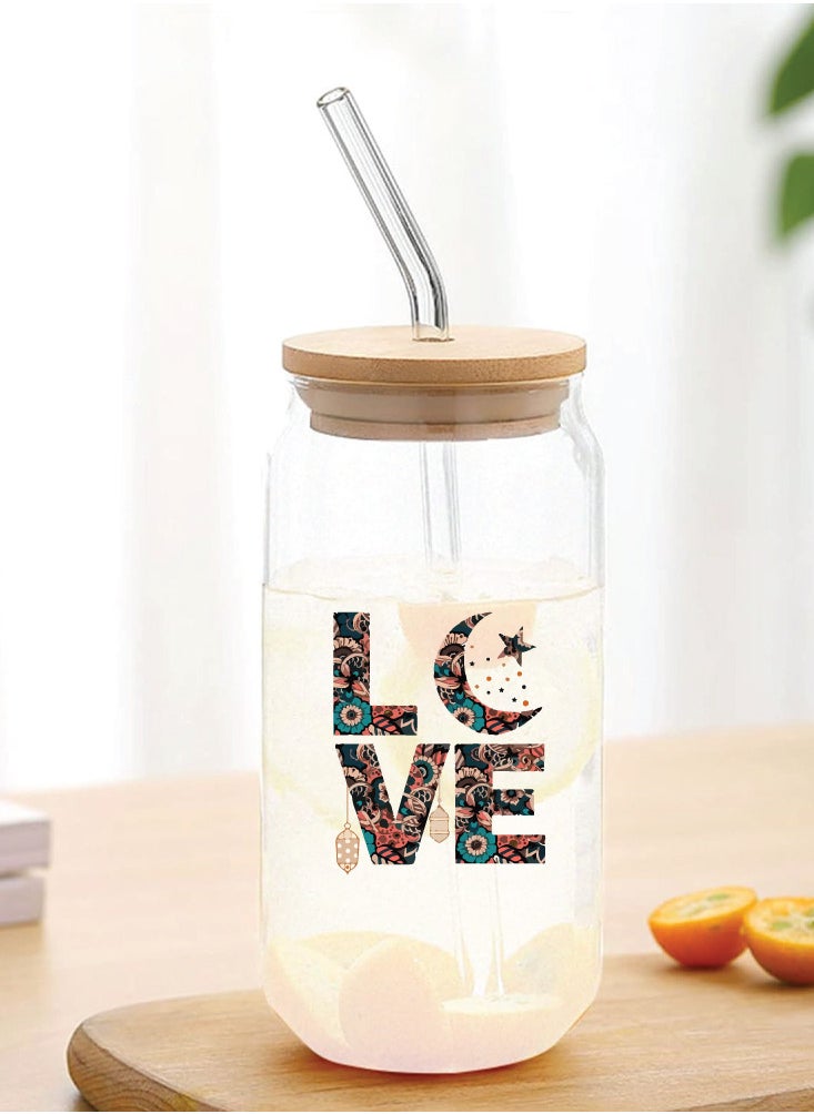 PRINTSHOP4ME Ramadan Kareem and Eid Mubarak Gift - Glass Bottle with Straw & Bamboo Lid 455 ml - Ramadan gift for all Islamic  - Image 3