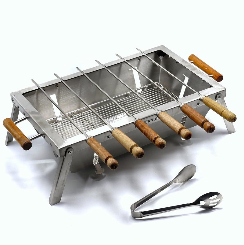 KWIKLANDER طقم شواية باربكيو قابل للطي ومحمول من الفولاذ المقاوم للصدأ مع 6 أسياخ، ملقط، حقيبة وصينية فحم للاستخدام في المنزل أو الحديقة (44 × 28 سم) - Image 1