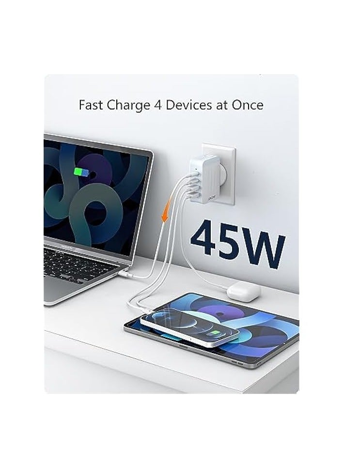 لينسينت شاحن حائط USB متعدد بقدرة 45 وات، 2 PD من النوع C+2 محول طاقة للسفر USB، الكل في واحد شاحن للهاتف المحمول في جميع أنحاء العالم مع المملكة المتحدة والولايات المتحدة والاتحاد الأوروبي وأوروبا وأستراليا، قابس مكعب دولي لأجهزة iPhone والكمبيوتر المحمول - Image 3