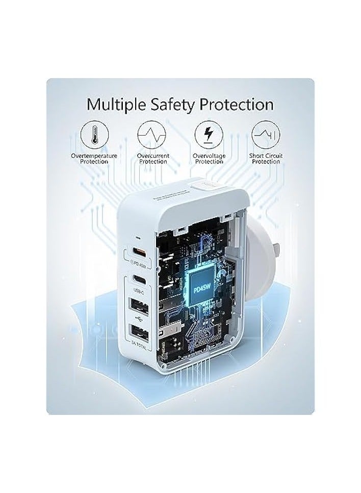 لينسينت شاحن حائط USB متعدد بقدرة 45 وات، 2 PD من النوع C+2 محول طاقة للسفر USB، الكل في واحد شاحن للهاتف المحمول في جميع أنحاء العالم مع المملكة المتحدة والولايات المتحدة والاتحاد الأوروبي وأوروبا وأستراليا، قابس مكعب دولي لأجهزة iPhone والكمبيوتر المحمول - Image 5