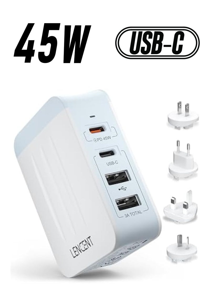 لينسينت شاحن حائط USB متعدد بقدرة 45 وات، 2 PD من النوع C+2 محول طاقة للسفر USB، الكل في واحد شاحن للهاتف المحمول في جميع أنحاء العالم مع المملكة المتحدة والولايات المتحدة والاتحاد الأوروبي وأوروبا وأستراليا، قابس مكعب دولي لأجهزة iPhone والكمبيوتر المحمول - Image 1