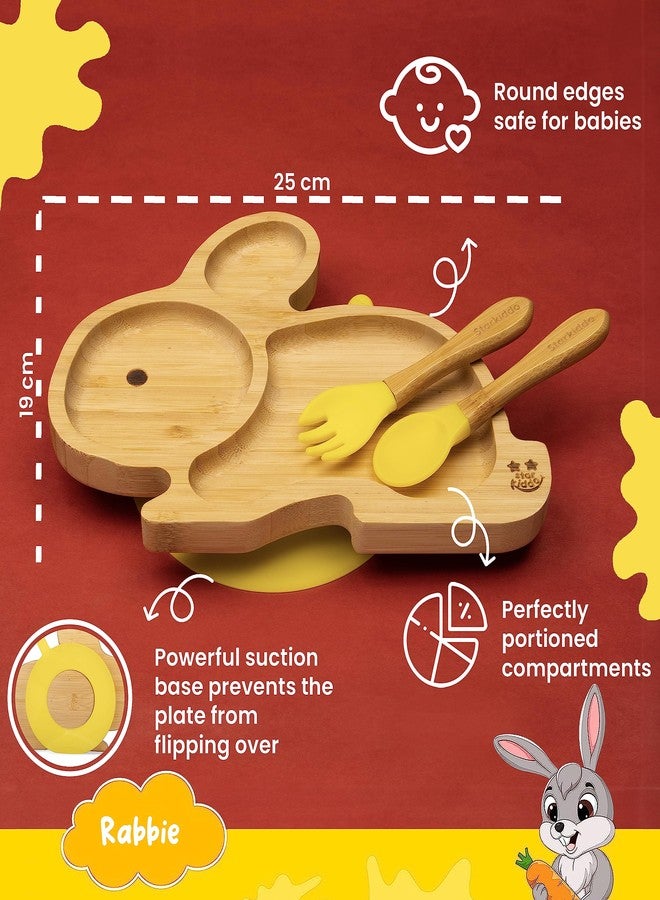 StarKiddo Star Kiddo ® ‘Cute Bamboo Rabbie Suction Plate’ Baby-Led Weaning | 3 Sections | Non-Toxic |Eco-Friendly | Super Strong Suction - Natural Bamboo BPA Free Baby Plate (Yellow) - Image 2