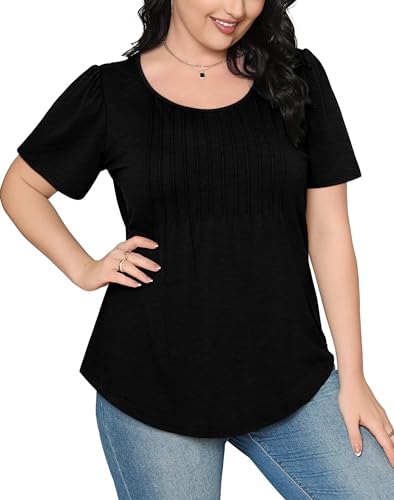 OFEEFAN Short Sleeve Shirts for Women Summer Dressy Casual Tops Pleated Front Black Beach Vacation Clothes for Women M - Image 4