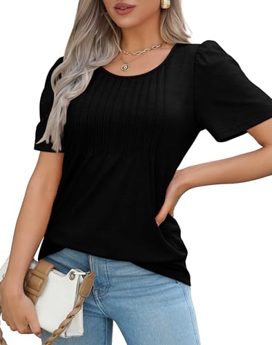 OFEEFAN Short Sleeve Shirts for Women Summer Dressy Casual Tops Pleated Front Black Beach Vacation Clothes for Women M - Image 3