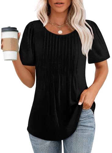 OFEEFAN Short Sleeve Shirts for Women Summer Dressy Casual Tops Pleated Front Black Beach Vacation Clothes for Women M - Image 1