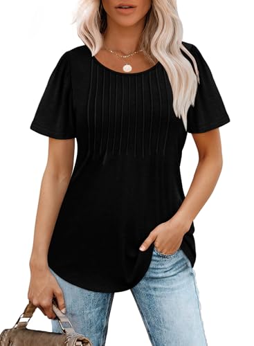OFEEFAN Short Sleeve Shirts for Women Summer Dressy Casual Tops Pleated Front Black Beach Vacation Clothes for Women M - Image 2