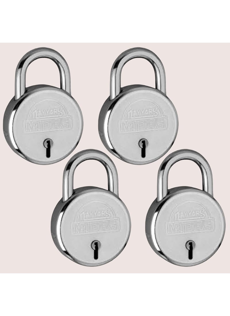 NAYYARS NAYYARS Midas HeavyDuty 50mm Round Padlock with 7Lever Security 3 Iron Keys Durable Silver Lock for Home Office and Travel Pack of 4 