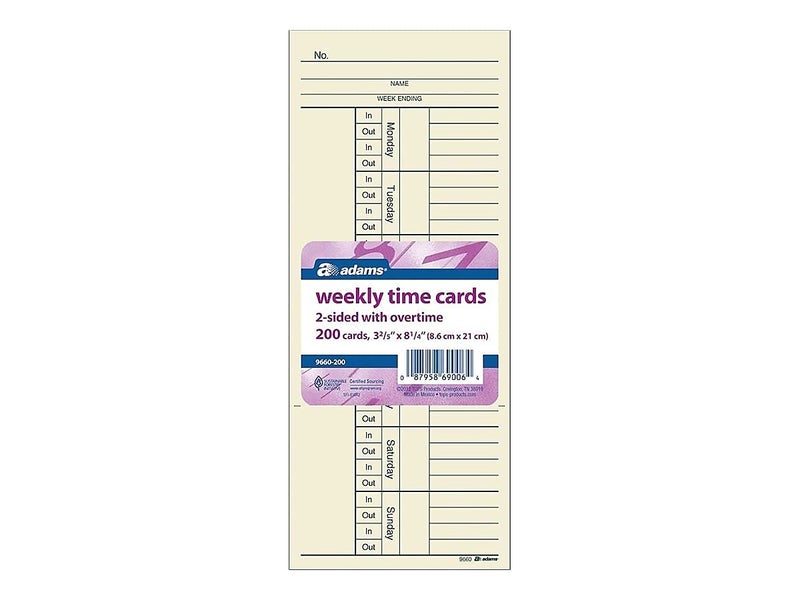 Adams Time Cards, Weekly, 2-Sided, Overtime Format, 3-3/8" x 8-1/4", Manila, Green/Red Print, 200-Count (9660-200) - Image 2