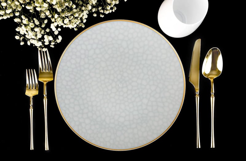 PLASTICPRO 30 Pack Hammered Plastic Plates Heavyweight Disposable Plastic Plates Elegant Transparent White With Gold Rim Platsic Party Dishes (Transparent White With Gold Rim, 9'' INCH PLATES) - Image 3