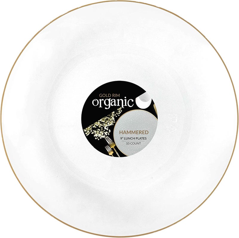 PLASTICPRO 30 Pack Hammered Plastic Plates Heavyweight Disposable Plastic Plates Elegant Transparent White With Gold Rim Platsic Party Dishes (Transparent White With Gold Rim, 9'' INCH PLATES) - Image 1