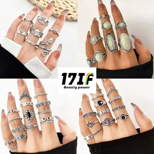 17IF Vintage Silver Knuckle Rings Set for Women Men, Chunky Rings Aesthetic Snake Grunge Stackable Gothic Ring Adjustable Y2K Punk Bulky Boho Finger Alt of Rings, Non-Precious Metal, No Gemstone - Image 4