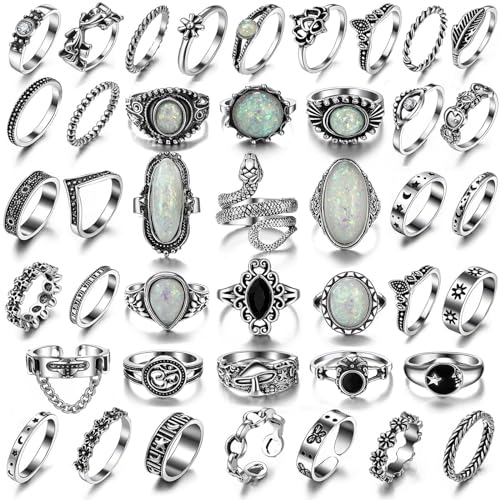 17IF Vintage Silver Knuckle Rings Set for Women Men, Chunky Rings Aesthetic Snake Grunge Stackable Gothic Ring Adjustable Y2K Punk Bulky Boho Finger Alt of Rings, Non-Precious Metal, No Gemstone - Image 1