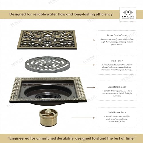 B Backline Brass Floor Drainer Bathroom Floor Water Drainer Bathroom Drain Grating with Anti-Foul Cockroach Trap 5 X 5 Inches (Antique Finish 6) - Image 3