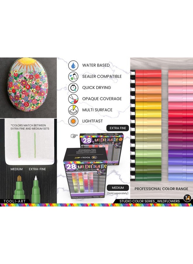 TOOLI-ART 28 Wildflower Colors Acrylic Paint Pens Studio Color Series Markers Set 0.7mm Extra Fine Tip, Rock Painting, Glass, Mugs, Wood, Metal, Canvas, DIY, Detailing. Non Toxic, Waterbased, Quick Drying - Image 5