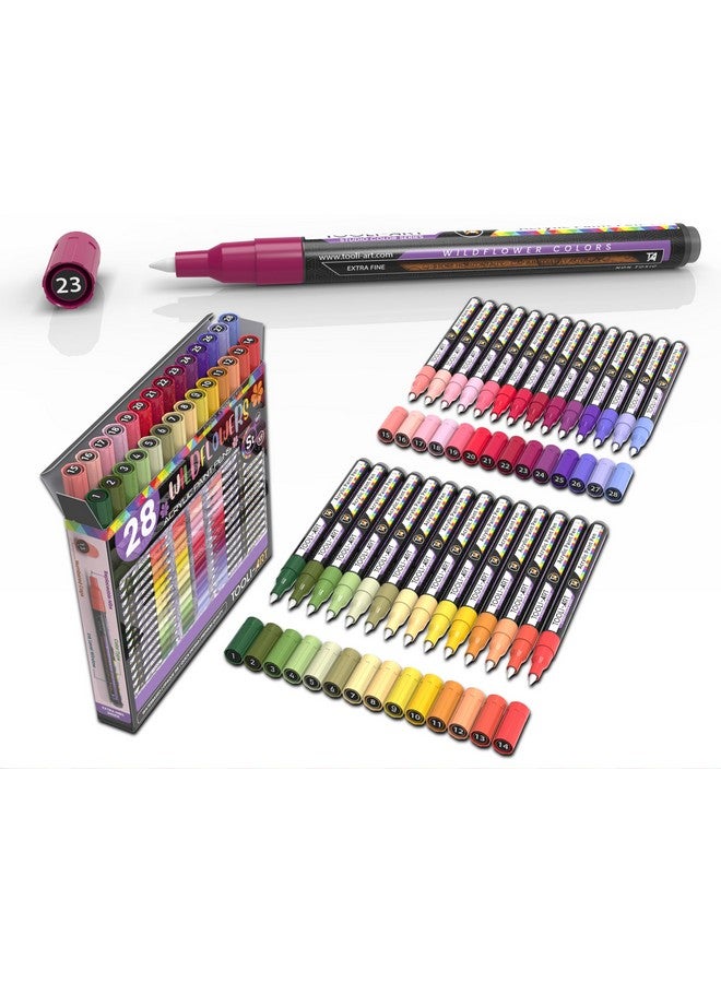 TOOLI-ART 28 Wildflower Colors Acrylic Paint Pens Studio Color Series Markers Set 0.7mm Extra Fine Tip, Rock Painting, Glass, Mugs, Wood, Metal, Canvas, DIY, Detailing. Non Toxic, Waterbased, Quick Drying - Image 1