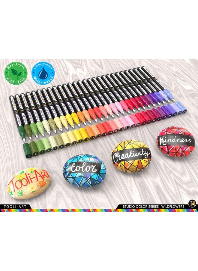 TOOLI-ART 28 Wildflower Colors Acrylic Paint Pens Studio Color Series Markers Set 0.7mm Extra Fine Tip, Rock Painting, Glass, Mugs, Wood, Metal, Canvas, DIY, Detailing. Non Toxic, Waterbased, Quick Drying - Image 2