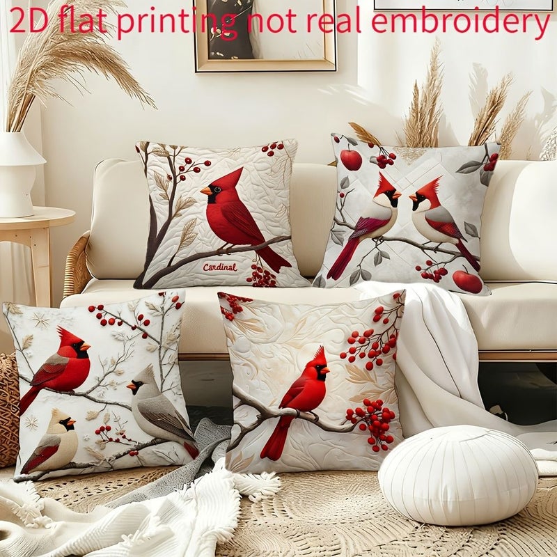 4pcs 17.72x17.72 Inch Cushion Covers With 2D Printed North American Cardinal Red Bird Design - Image 1