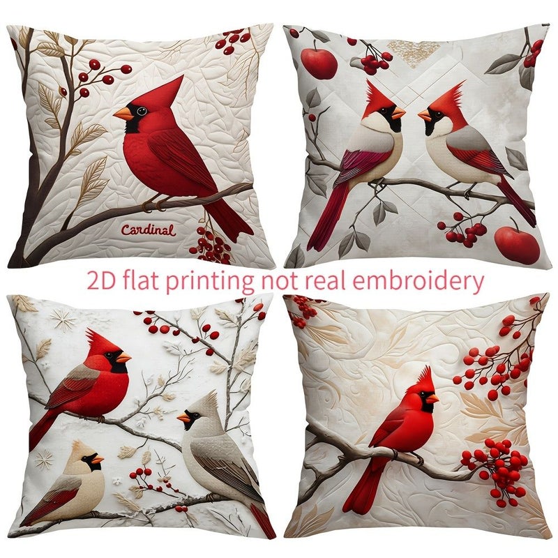 4pcs 17.72x17.72 Inch Cushion Covers With 2D Printed North American Cardinal Red Bird Design - Image 4