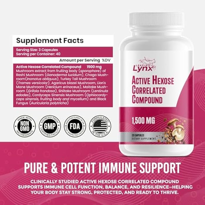Leaping Lynx Active Hexose Correlated Compound 1500 mg, Clinically Studied Mushroom Extract for Immune System Support & Cellular Defense | 120 Capsules (40-Day Supply) | Non-GMO, Shiitake, Lion's Mane, Turkey Tail - Image 3