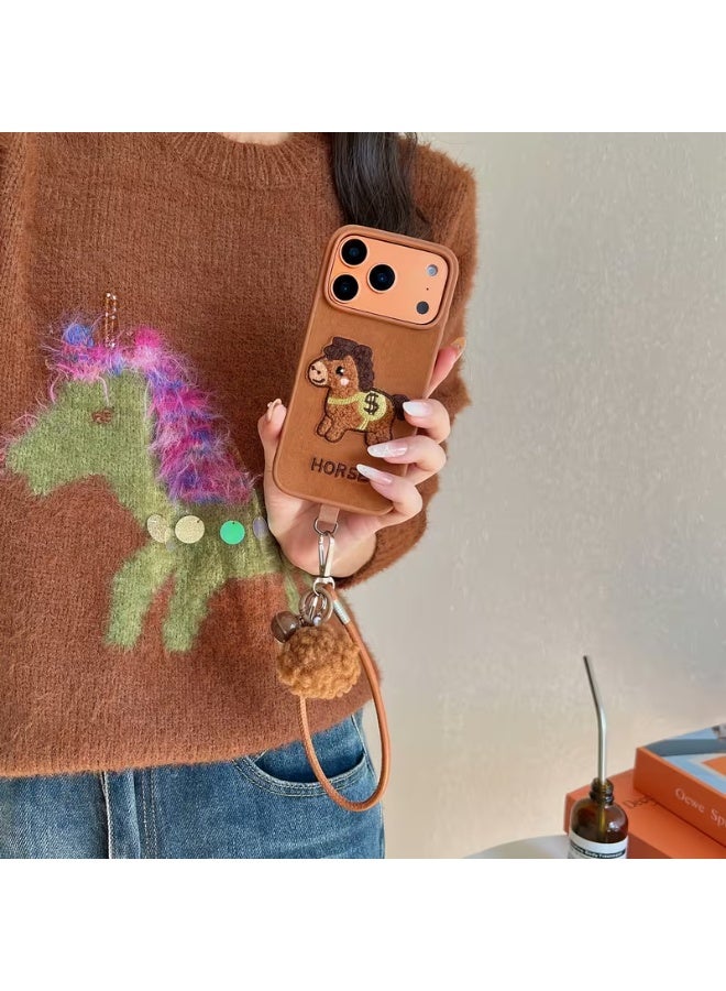 تيمو حافظة هاتف - بتصميم نقشة حصان مطرزة بنية لطيفة للخريف والشتاء، مناسبة لهاتف Apple 17 Pro Max، مقاومة للسقوط.والصدمات - Image 1