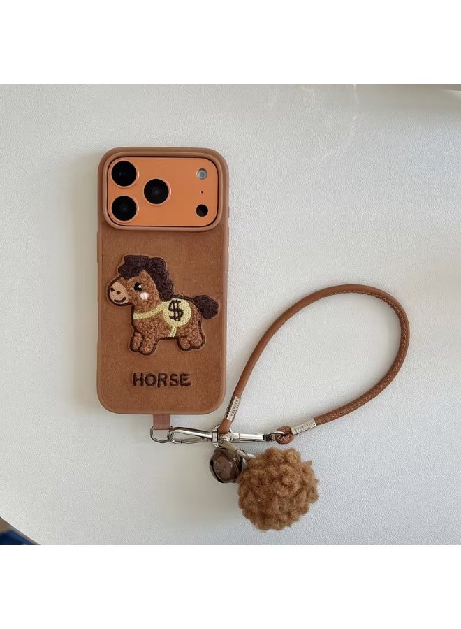 تيمو حافظة هاتف - بتصميم نقشة حصان مطرزة بنية لطيفة للخريف والشتاء، مناسبة لهاتف Apple 17 Pro Max، مقاومة للسقوط.والصدمات - Image 2