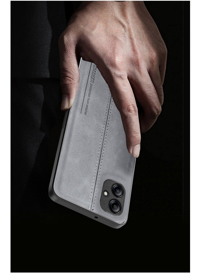 OMAKER Premium Stylish PU Leather Shockproof Back Cover Case for Samsung Galaxy A04e - Gray  - Image 4