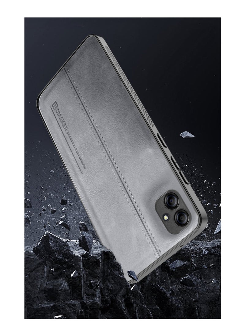OMAKER Premium Stylish PU Leather Shockproof Back Cover Case for Samsung Galaxy A04e - Gray  - Image 3
