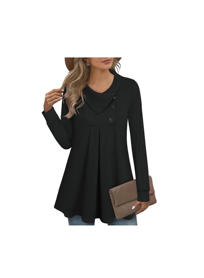 Women's Long Sleeve Button Lapel Pullover Tunic Swing Sweatshirt  - Image 1