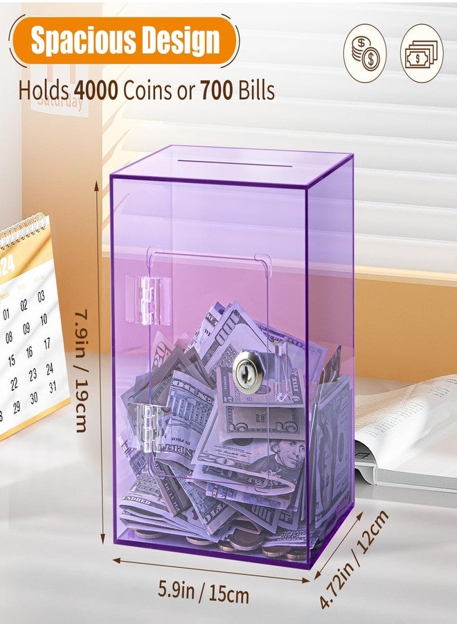Hicocool Clear Piggy Bank with Lock, Acrylic Piggy Bank for Adults Kids Openable, Reusable Money Saving Box with Key for Birthday (Purple) - Image 3