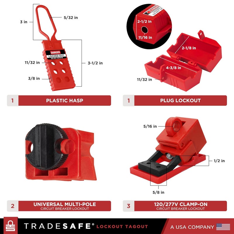 TRADESAFE Electrical Lockout Tagout Kit - Hasps, Clamp on and Universal Multipole Circuit Breaker Lockouts, Loto Tags, Plug Lockout, Loto Locks Set (2 Keys Per Lock) for Safe Electrical Lockouts Red - Image 4