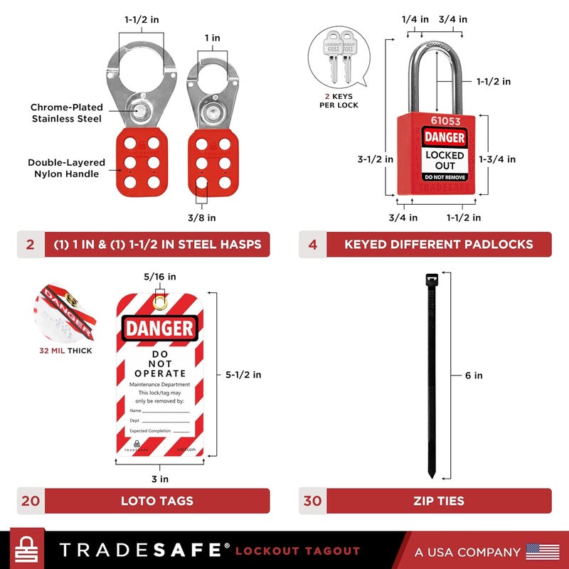 TRADESAFE Electrical Lockout Tagout Kit - Hasps, Clamp on and Universal Multipole Circuit Breaker Lockouts, Loto Tags, Plug Lockout, Loto Locks Set (2 Keys Per Lock) for Safe Electrical Lockouts Red - Image 3