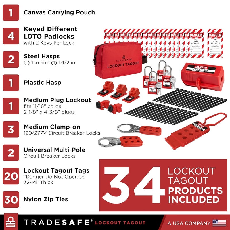 TRADESAFE Electrical Lockout Tagout Kit - Hasps, Clamp on and Universal Multipole Circuit Breaker Lockouts, Loto Tags, Plug Lockout, Loto Locks Set (2 Keys Per Lock) for Safe Electrical Lockouts Red - Image 2