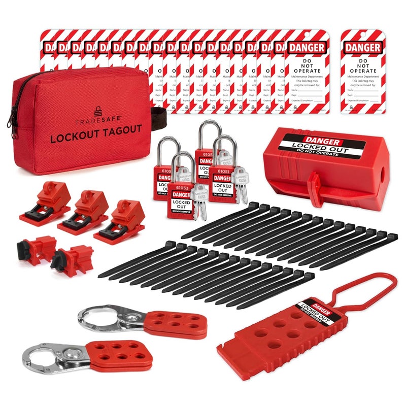 TRADESAFE Electrical Lockout Tagout Kit - Hasps, Clamp on and Universal Multipole Circuit Breaker Lockouts, Loto Tags, Plug Lockout, Loto Locks Set (2 Keys Per Lock) for Safe Electrical Lockouts Red - Image 1