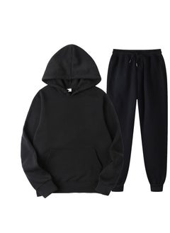 Spring New Glboard Solid Color Hooded Sweatshirt Casual Pants Fleece-Lined Pulloversuit Mens Sets Black