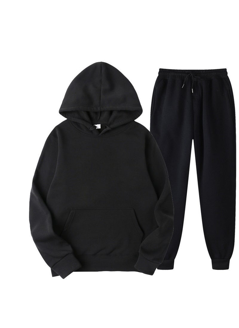 Generic - Spring New Glboard Solid Color Hooded Sweatshirt Casual Pants Fleece-Lined Pulloversuit Mens Sets Black - Image 1