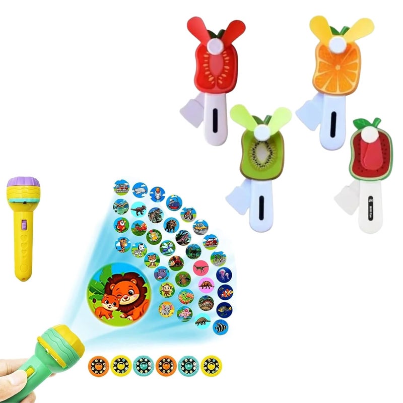 3Slide Mini Projector Torch for Kids 24 Patterns Friendzy Manual Hand Press Fruit Fan for Kids Combo - Image 1
