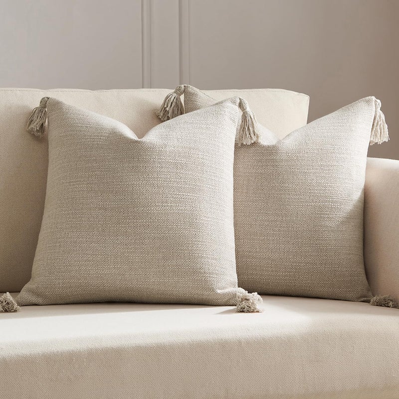 Meekio Set of 2 Linen Beige Pillow Covers 18x18 with Tassels, Linen Look Decorative Throw Cushion Covers for Sofa Couch, Farmhouse Boho Living Room Home Decor - Image 1