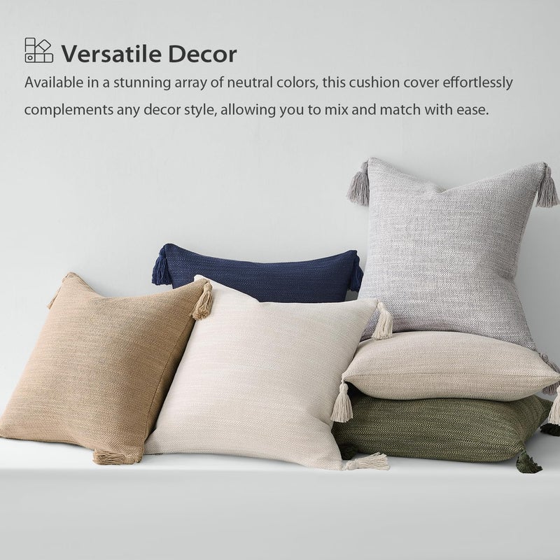 Meekio Set of 2 Linen Beige Pillow Covers 18x18 with Tassels, Linen Look Decorative Throw Cushion Covers for Sofa Couch, Farmhouse Boho Living Room Home Decor - Image 4