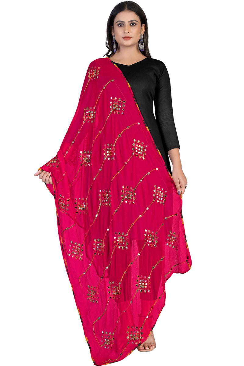KEMZA Women's Embroidered Mirror Work Chiffon Dupatta For Women And Girls (Pink_Free size) - Image 1