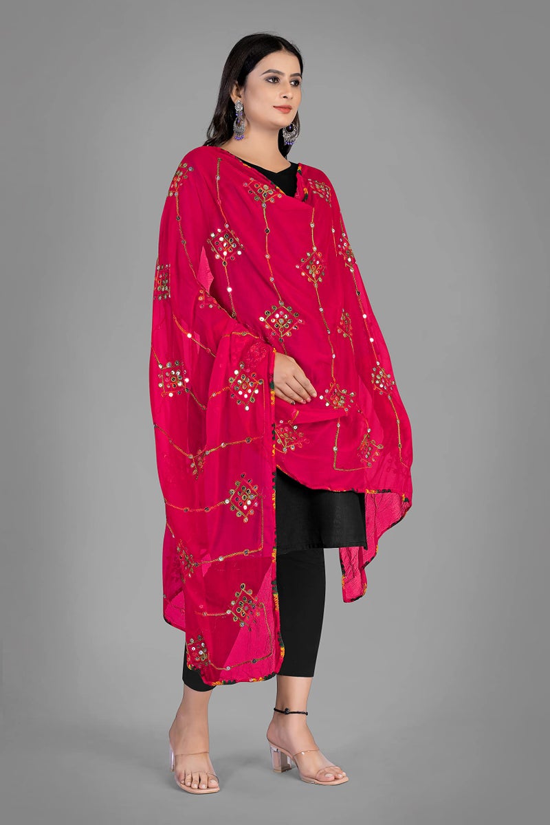KEMZA Women's Embroidered Mirror Work Chiffon Dupatta For Women And Girls (Pink_Free size) - Image 3