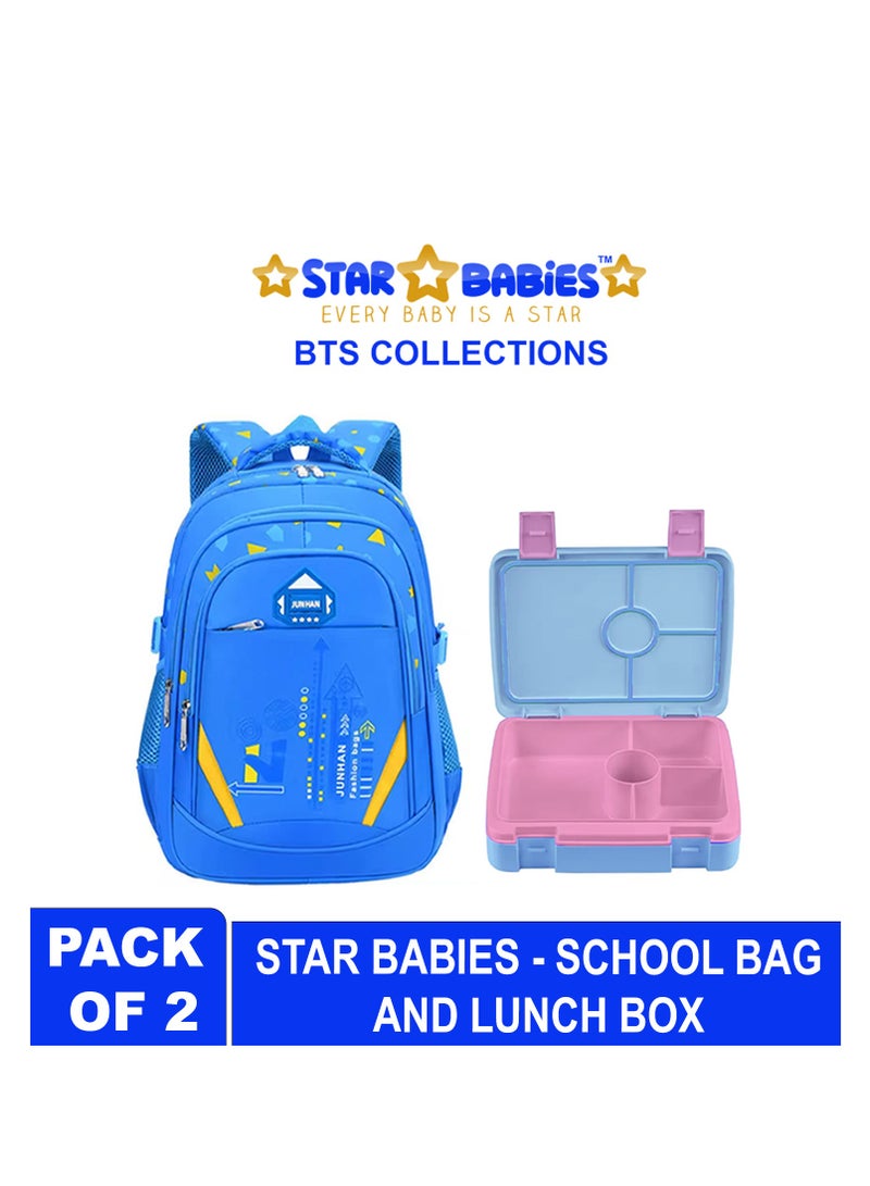 ستار بيبيز مجموعات ستار بيبيز بي تي إس - حقيبة ظهر مدرسية للمراهقين والأولاد والبنات وحقيبة الكتب الابتدائية، صندوق غداء مع 4 حجرات، خالية من البيسفينول أ، مضادة للتسرب - عبوة من قطعتين - أزرق - Image 2