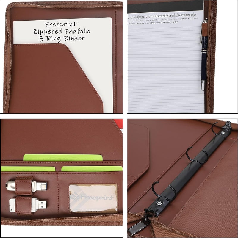 Freeprint Zippered Portfolio 3 Ring Binder Organizer with Writing Pad Legal Size Letter - PU Leather Padfolio Document Organizer for Interview Business，Brown - Image 4