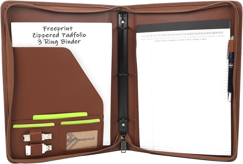 Freeprint Zippered Portfolio 3 Ring Binder Organizer with Writing Pad Legal Size Letter - PU Leather Padfolio Document Organizer for Interview Business，Brown - Image 1