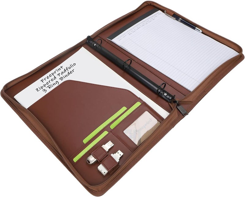 Freeprint Zippered Portfolio 3 Ring Binder Organizer with Writing Pad Legal Size Letter - PU Leather Padfolio Document Organizer for Interview Business，Brown - Image 3