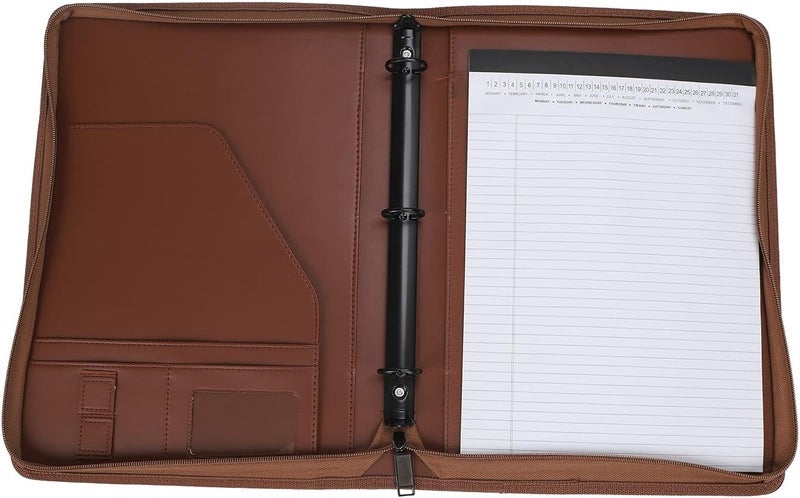 Freeprint Zippered Portfolio 3 Ring Binder Organizer with Writing Pad Legal Size Letter - PU Leather Padfolio Document Organizer for Interview Business，Brown - Image 5