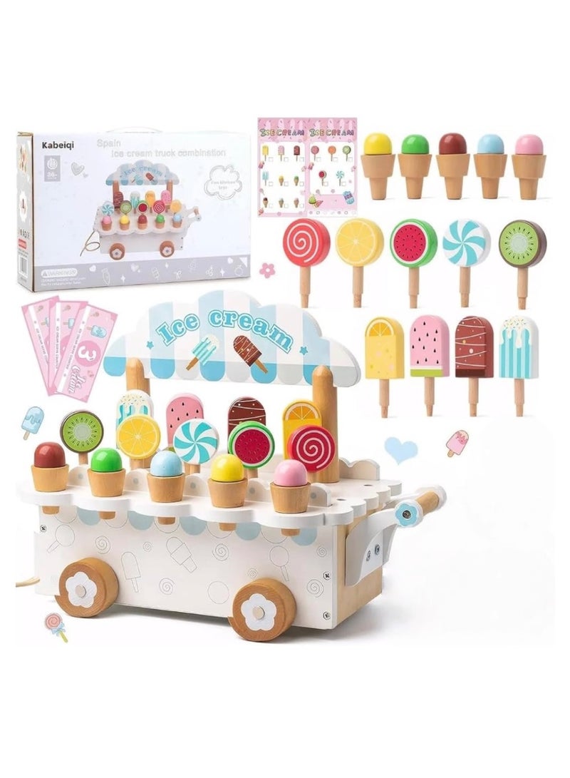 Wooden Ice Cream Truck Toy Set – Kids Pretend Play Dessert Cart | Montessori Educational Role Play Toy for Boys & Girls,Age 3+ - Image 1