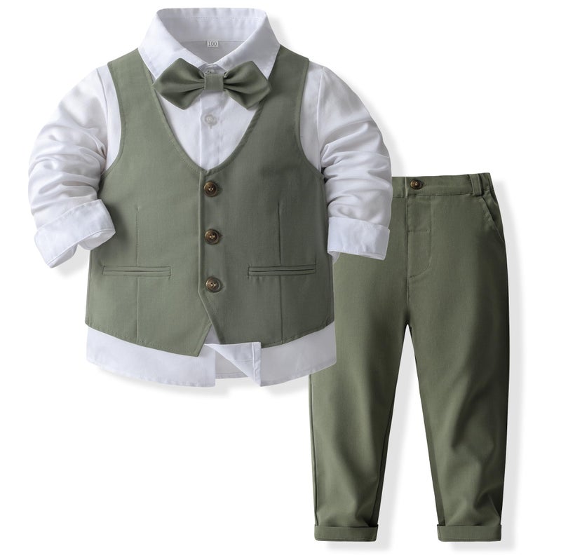 Kimocat Baby Boys Gentleman Bowtie Formal Outfit Suits Tuxedo Vest Wedding Party Suit Olive Green - Image 1