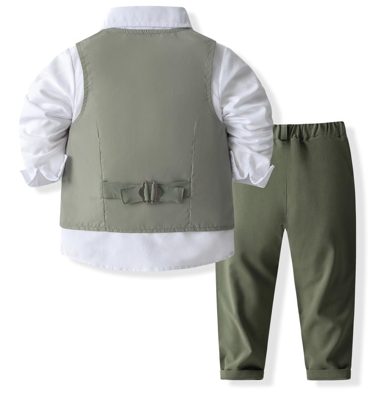 Kimocat Baby Boys Gentleman Bowtie Formal Outfit Suits Tuxedo Vest Wedding Party Suit Olive Green - Image 2