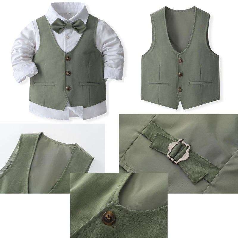Kimocat Baby Boys Gentleman Bowtie Formal Outfit Suits Tuxedo Vest Wedding Party Suit Olive Green - Image 3